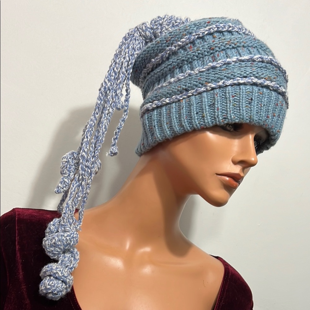 Blue Knit Women's Hat with Tassels